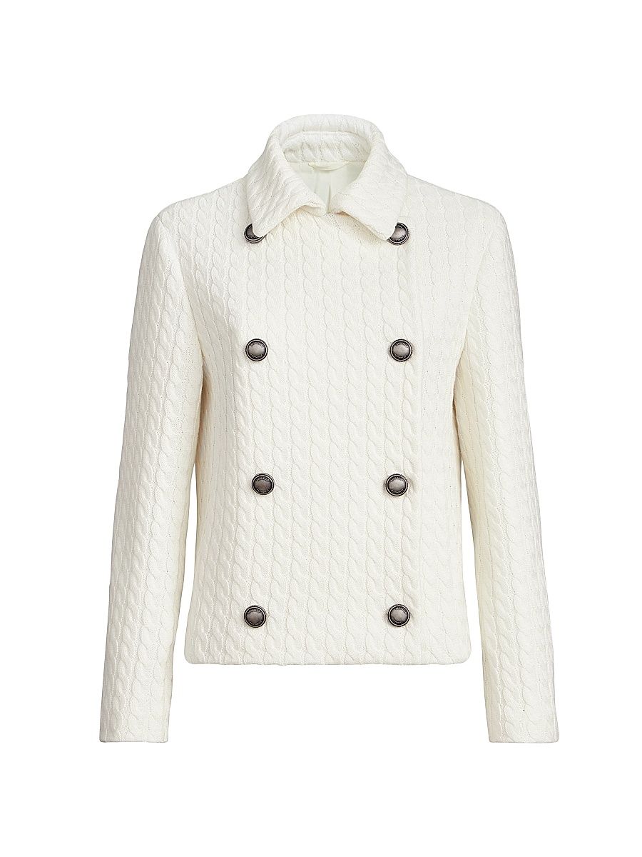 Women's Cotton Cable Knit Blazer with Monili - White - Size 10