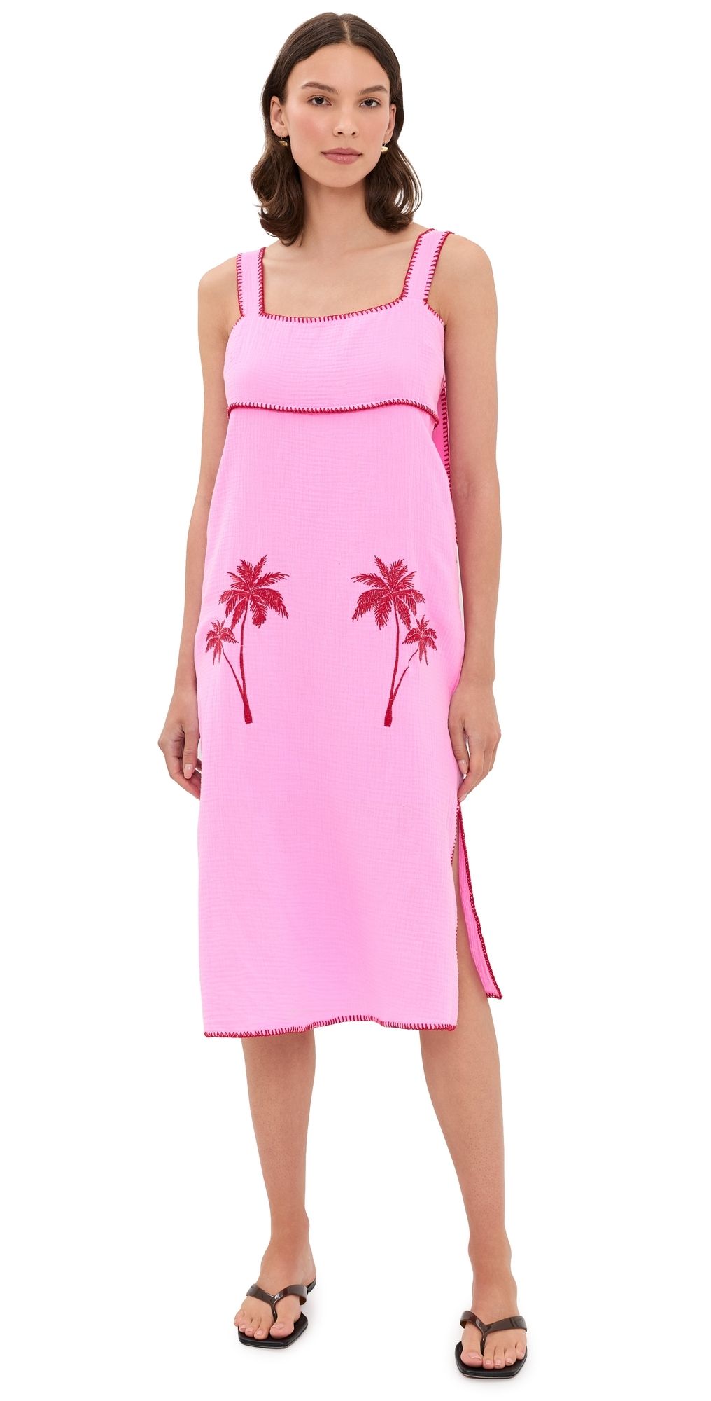 English Factory Tropical Embroidered Midi Dress Pink/Red M