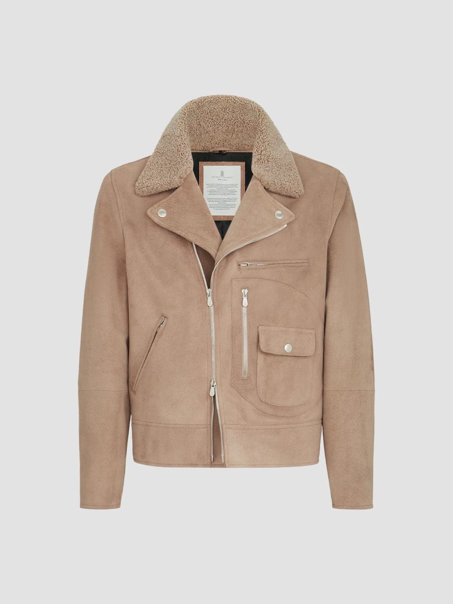 Brunello Cucinelli Men's Suede Biker Jacket with Thermore Padding and Detachable Shearling Collar - Light Brown - Size Medium