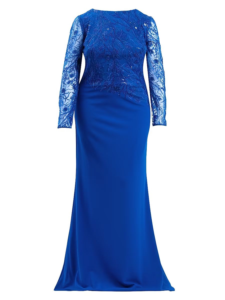 Women's Plus Asymmetric Lace Long-Sleeve Gown - Mystic Blue - Size 16
