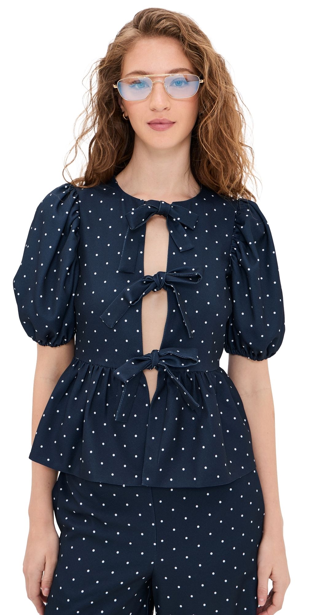 English Factory Polka Dot Puff Sleeve Top Navy M