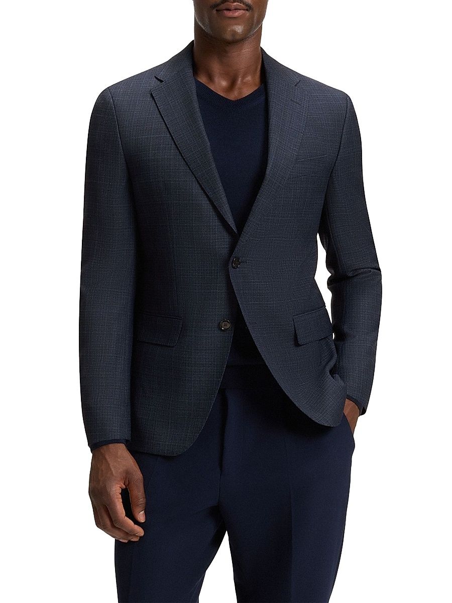Men's Slim-Fit Blazer in Checked Virgin Wool - Blue - Size 48