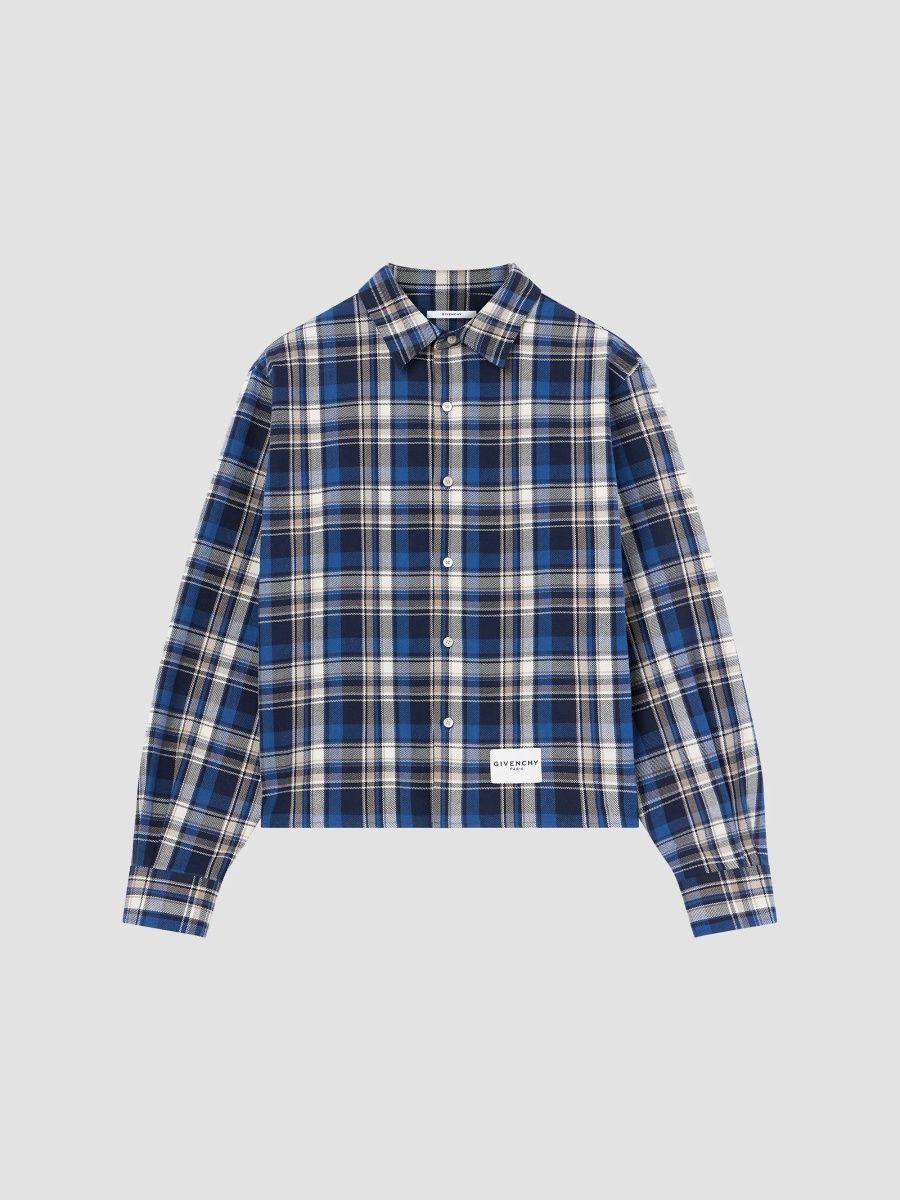 Givenchy Men's Cropped Checked Shirt in Cotton - Blue Beige - Size XXL