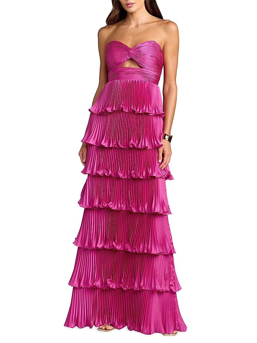 Women's Petite Tiered Pleated Charmeuse Strapless Ruffle Gown - Fuchsia - Size Petite 10