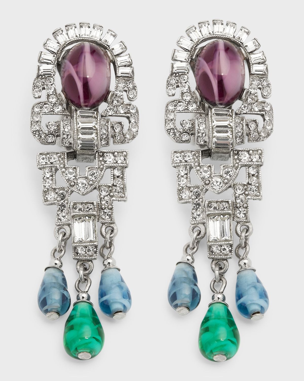 Silver Crystal Oval Topa and Emerald Sapphire Drop Clip-On Earrings