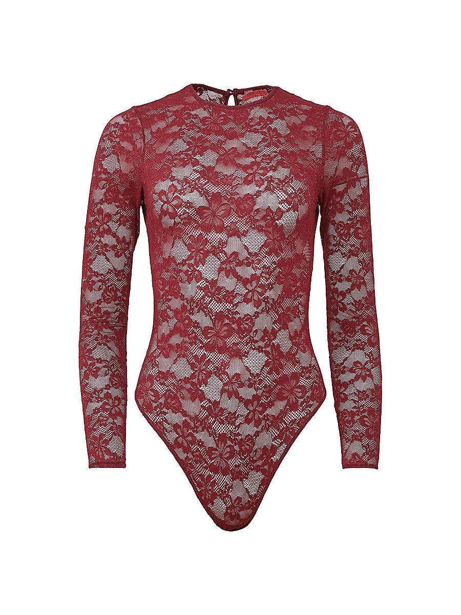 Women's Le Stretch Lace Long-Sleeve Bodysuit - Auburn - Size Large