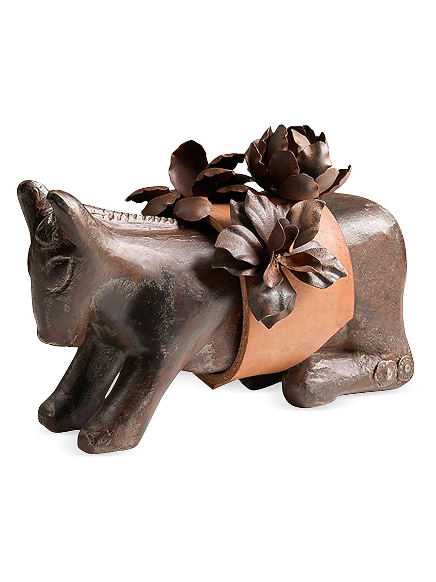 Mini Burro de Flores Cast Iron-Leather Decorative Object - Brown