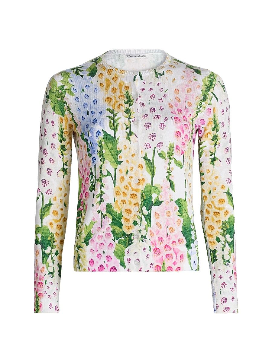 Women's Foxgloves-Print Cotton-Blend Cardigan - White Multi - Size XL