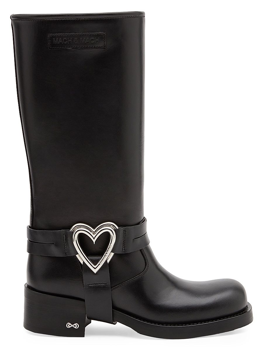 Women's Double Heart 50MM Leather Combat Boots - Black - Size 8