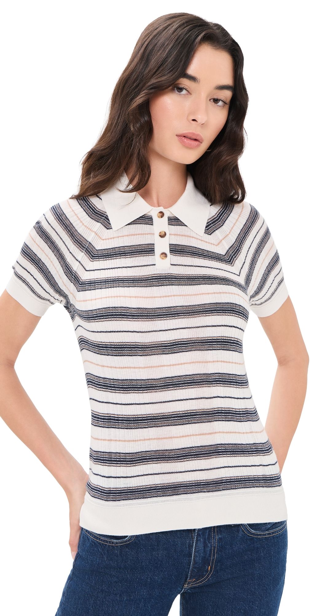 rag & bone Teresa Silk Blend Stripe Polo ivrmt M