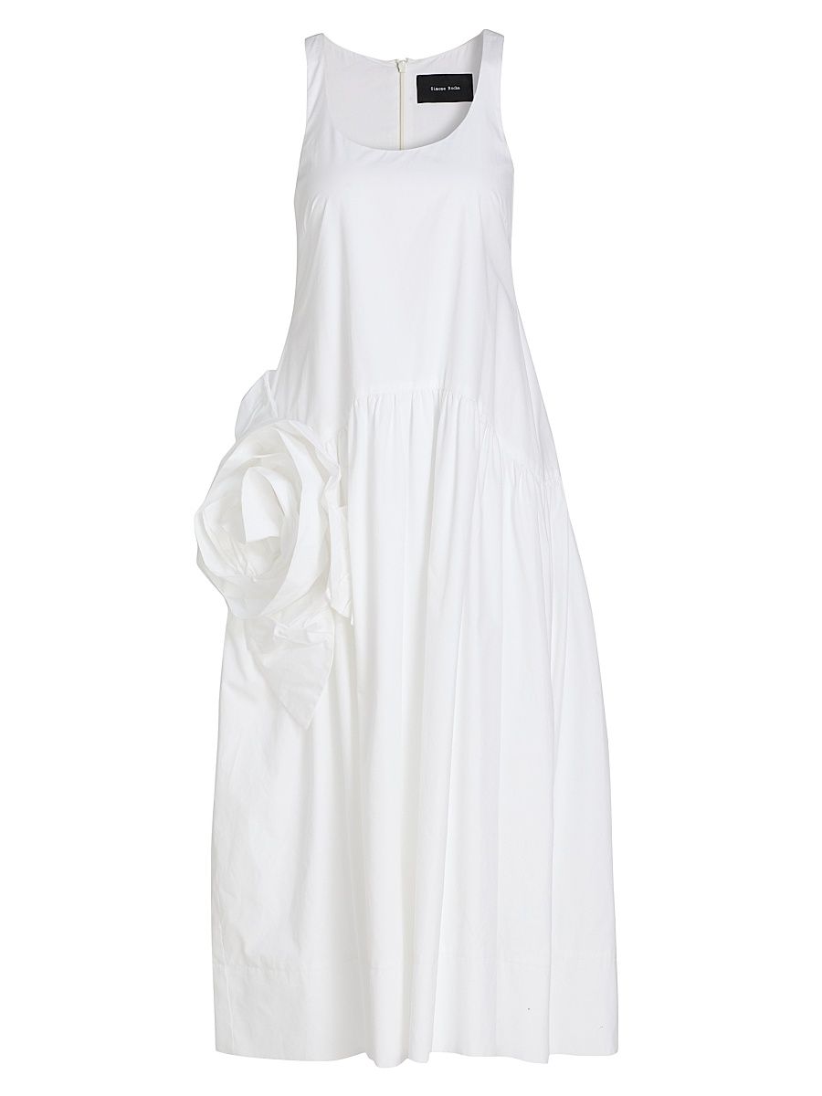 Women's 3D Floral Appliqué Drop Waist Cotton Midi-Dress - White - Size 2
