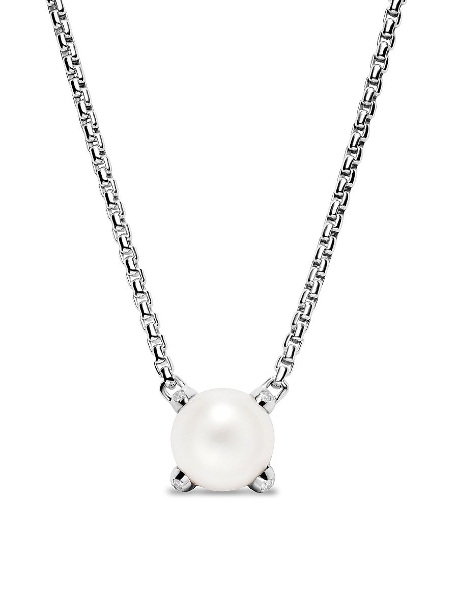 Women's Pearl Classics Necklace in Sterling Silver with Diamonds - Pearl - Size 18