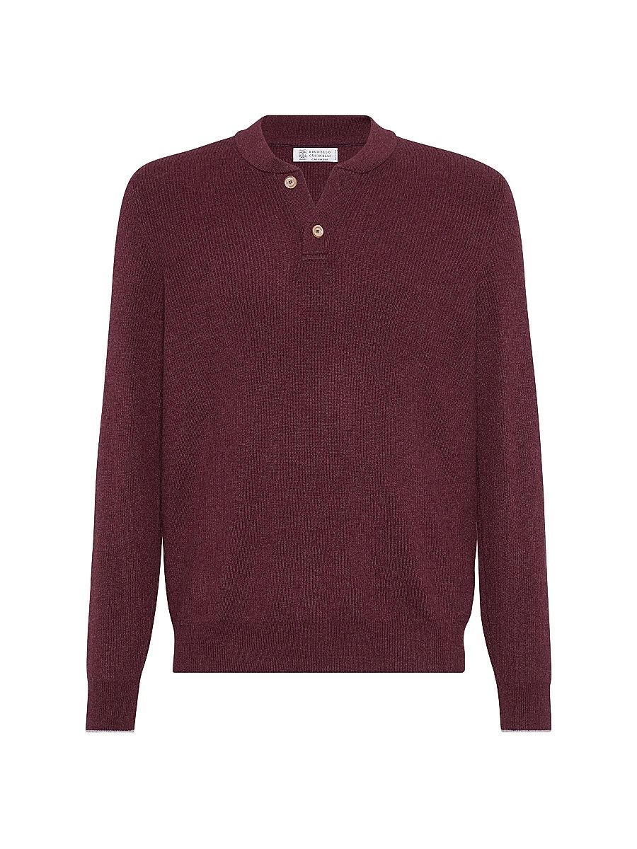 Men's Cashmere English Rib Sweater with Henley Collar - Amaranth Red - Size 40