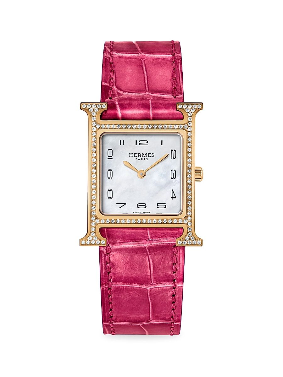Women's Heure H 18K Rose Gold, 0.45 TCW Diamond & Alligator Strap Watch/26MM - Pink