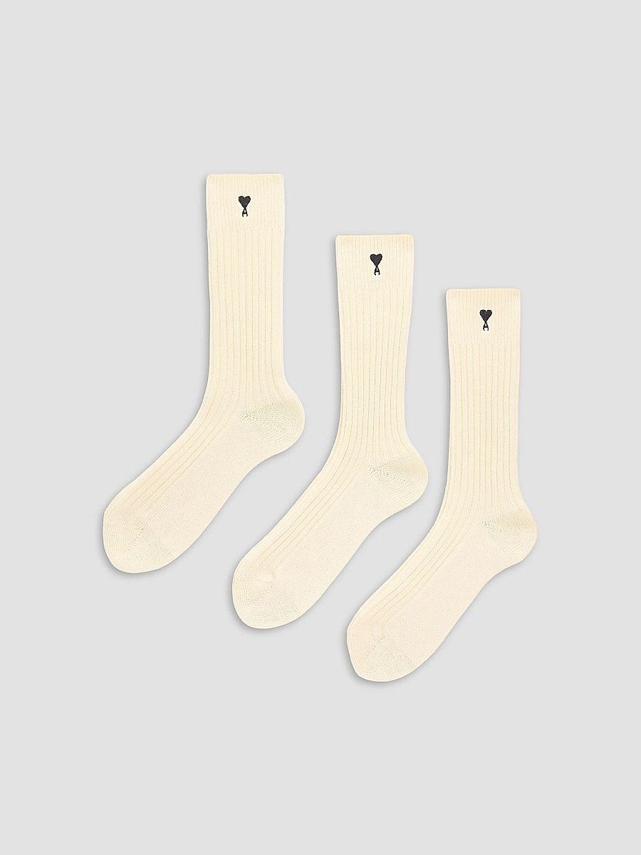 AMI Paris Men's Quota Rib-Knit Cotton-Blend Socks 3-Pack - Ecru - Size 6