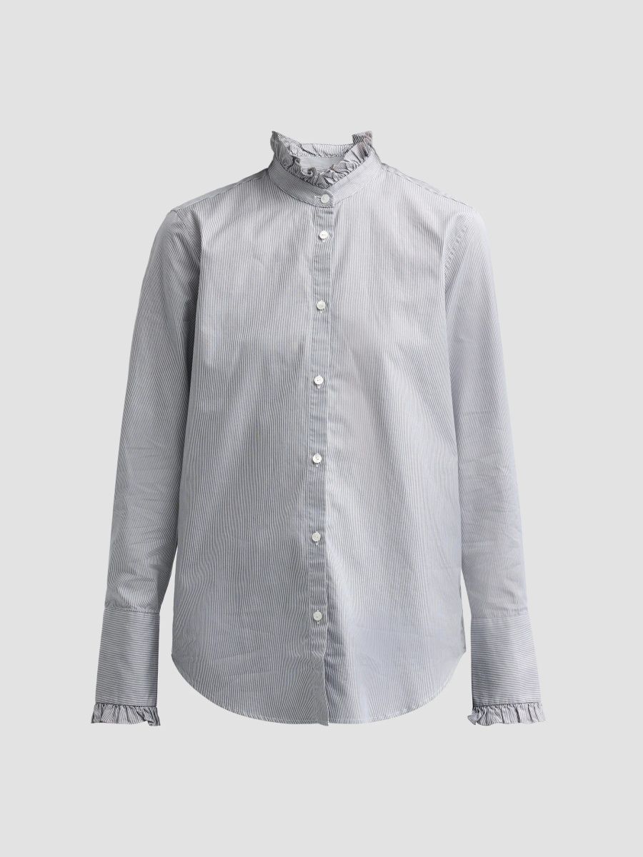 Nili Lotan Women's Elio Cotton Ruffle Collar Shirt - Blue White - Size XL