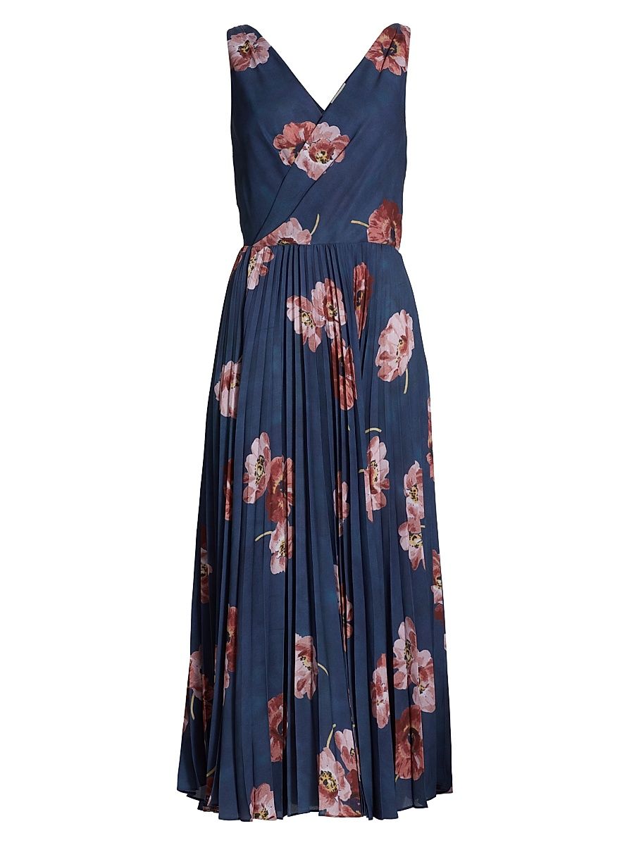 Women's Painted Poppy Pleated Draped V-Neck Dress - Marine Night - Size 8