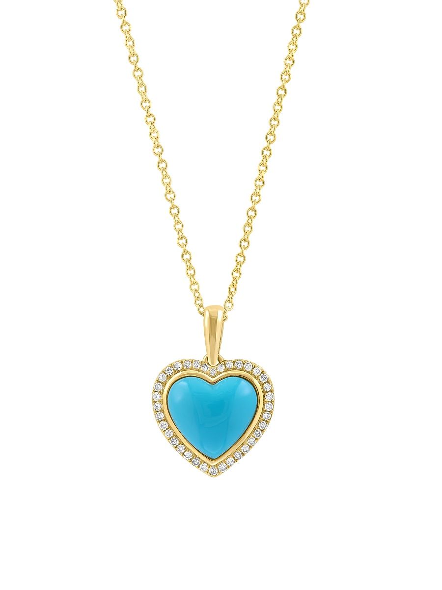 Women's 14K Yellow Gold, Turquoise & 0.13 TCW Diamond Heart Pendant Necklace - Yellow Gold