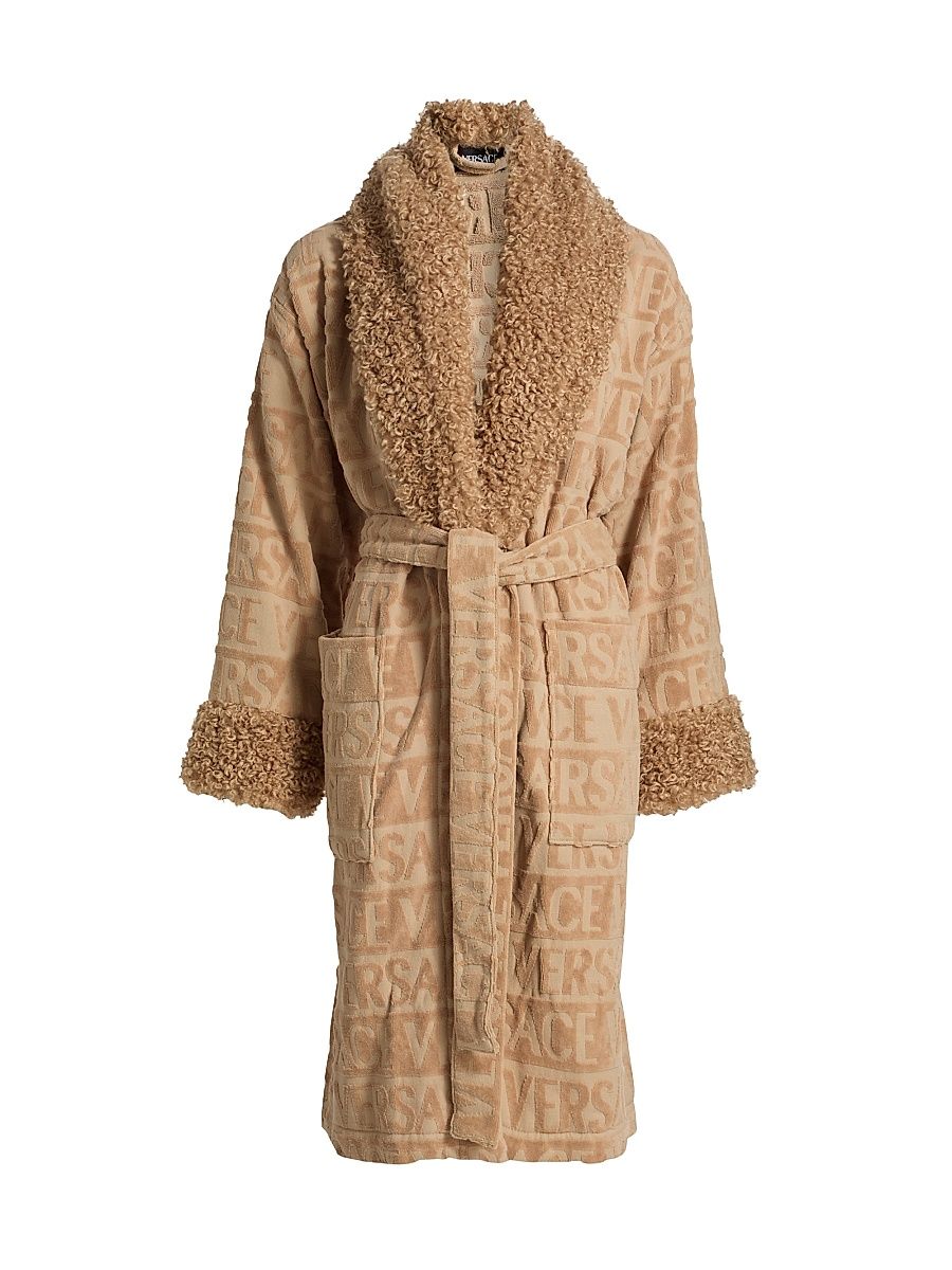 Women's Faux Fur-Trim Logo Terry Bathrobe - Camel - Size Small
