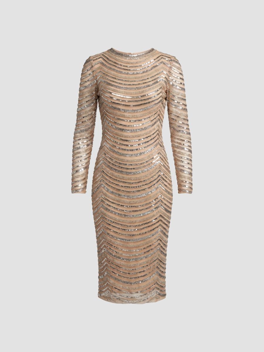 Mac Duggal Women's Embellished Mesh Midi Dress - Silver Beige - Size 14