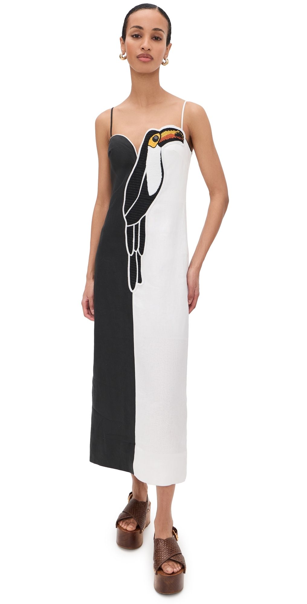 FARM Rio Black and White Embroidered Toucan Sleeve Dress Black and White S