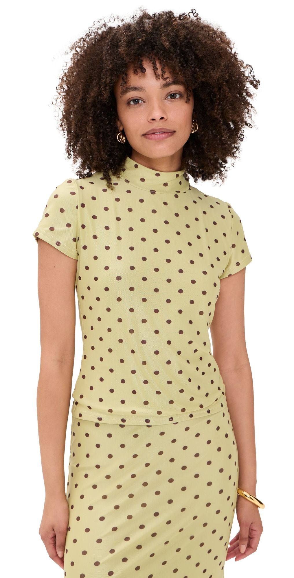 Another Girl Polka Dot Mesh High Neck Top Pistachio/Brown L