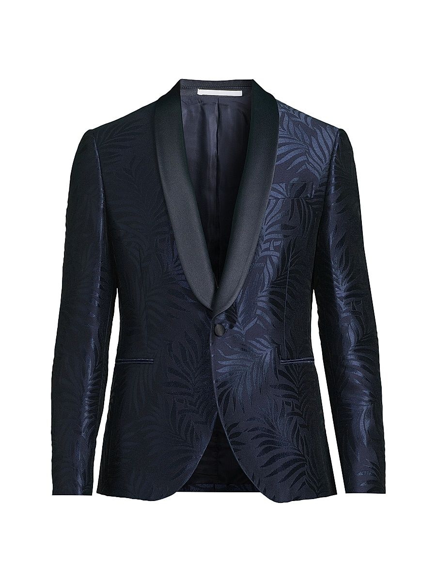 Men's Leaf Print Satin Dinner Jacket - Navy - Size 48