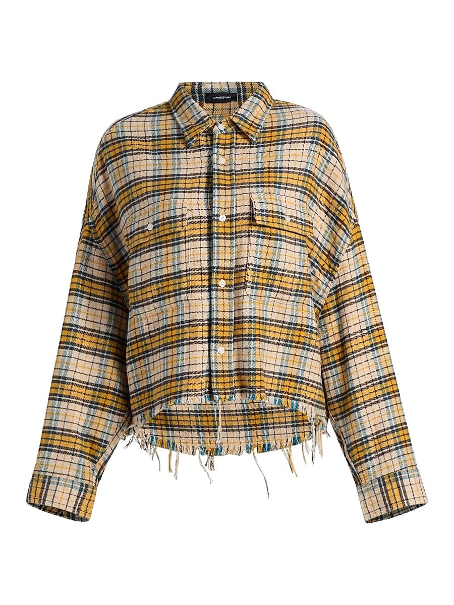 Women's Plaid Cotton Flannel Cropped Work Shirt - Yellow Plaid - Size Large