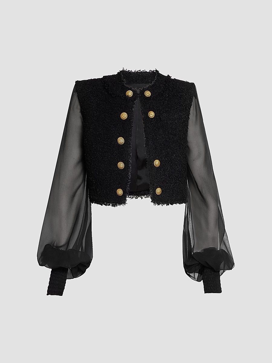 Balmain Women's Tweed Chiffon Sleeve Jacket - Noir - Size 10
