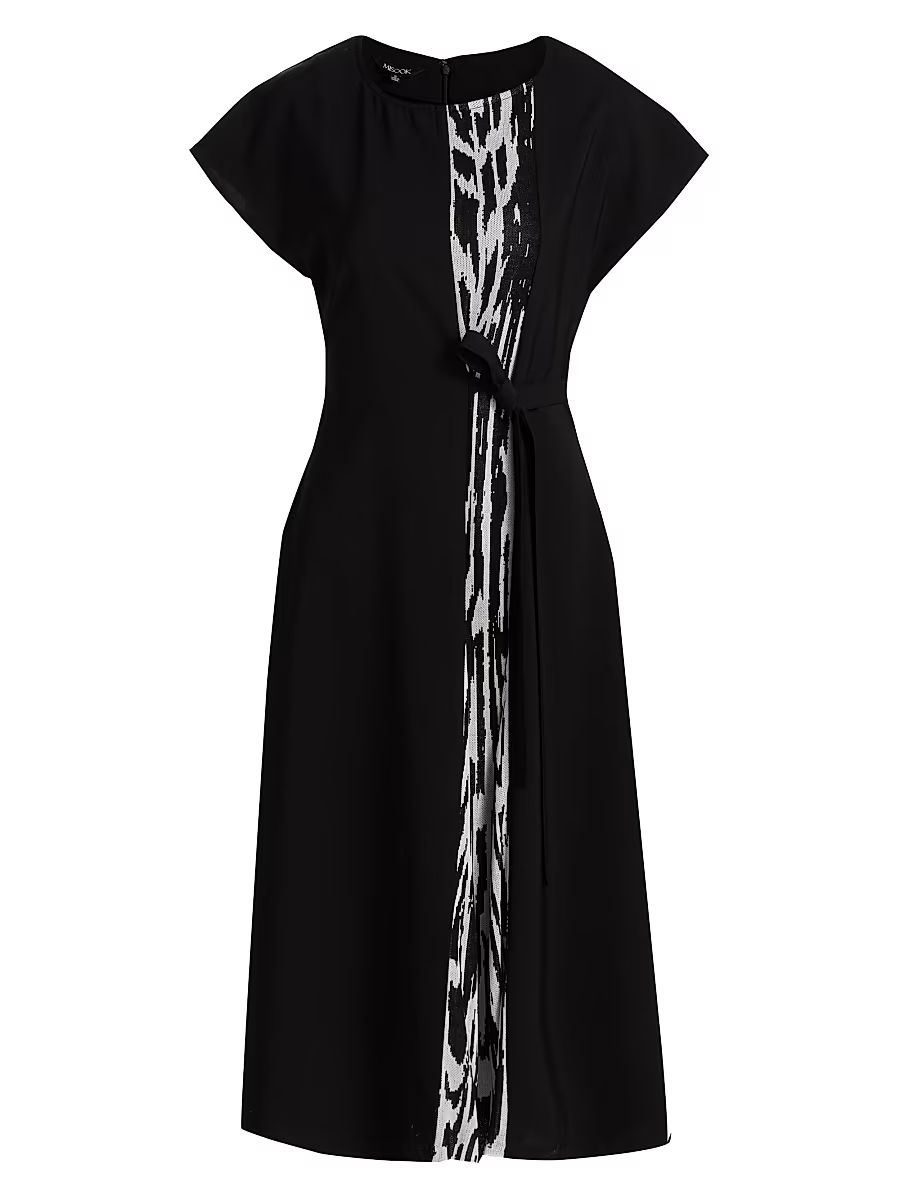 Women's Abstract Print Tie-Waist Midi-Dress - Black New Ivory - Size Small