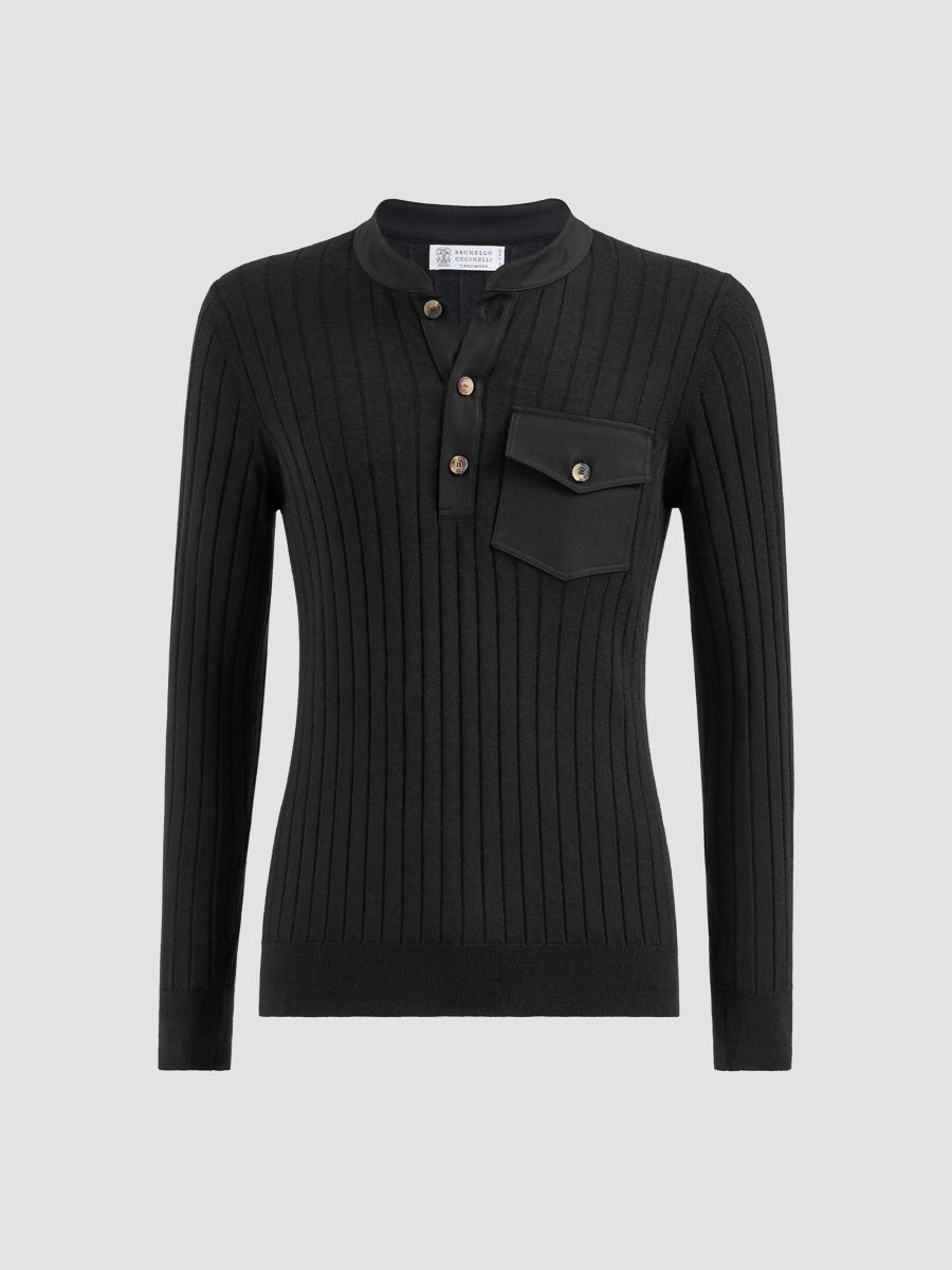 Brunello Cucinelli Men's Cashmere and Silk Ribbed Sweater with Henley Collar - Black - Size 44