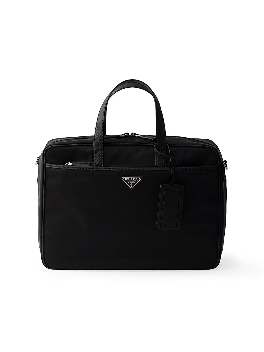 Men's Re-Nylon and Saffiano Leather Work Bag - Black