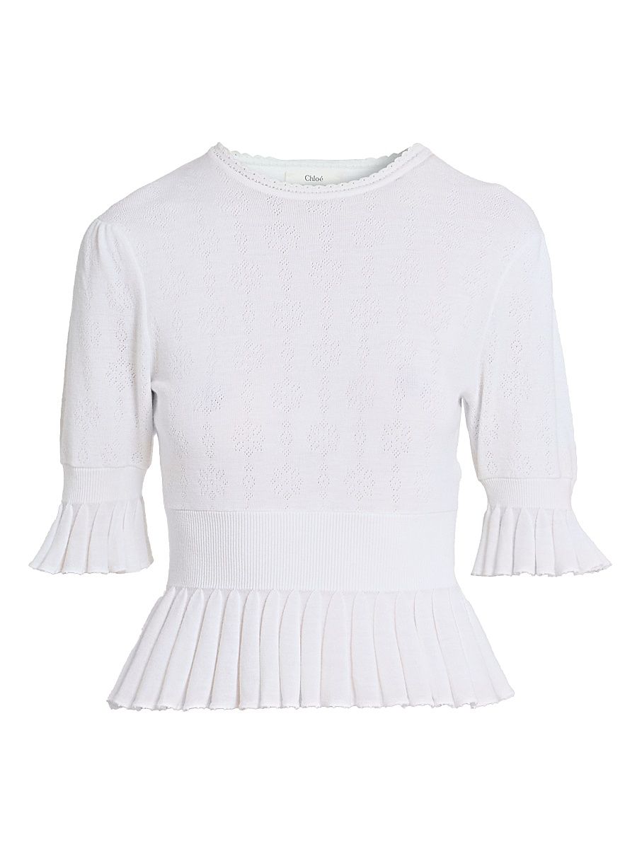 Women's Ruffled Rib-Knit Wool Sweater - Iconic Milk - Size XS