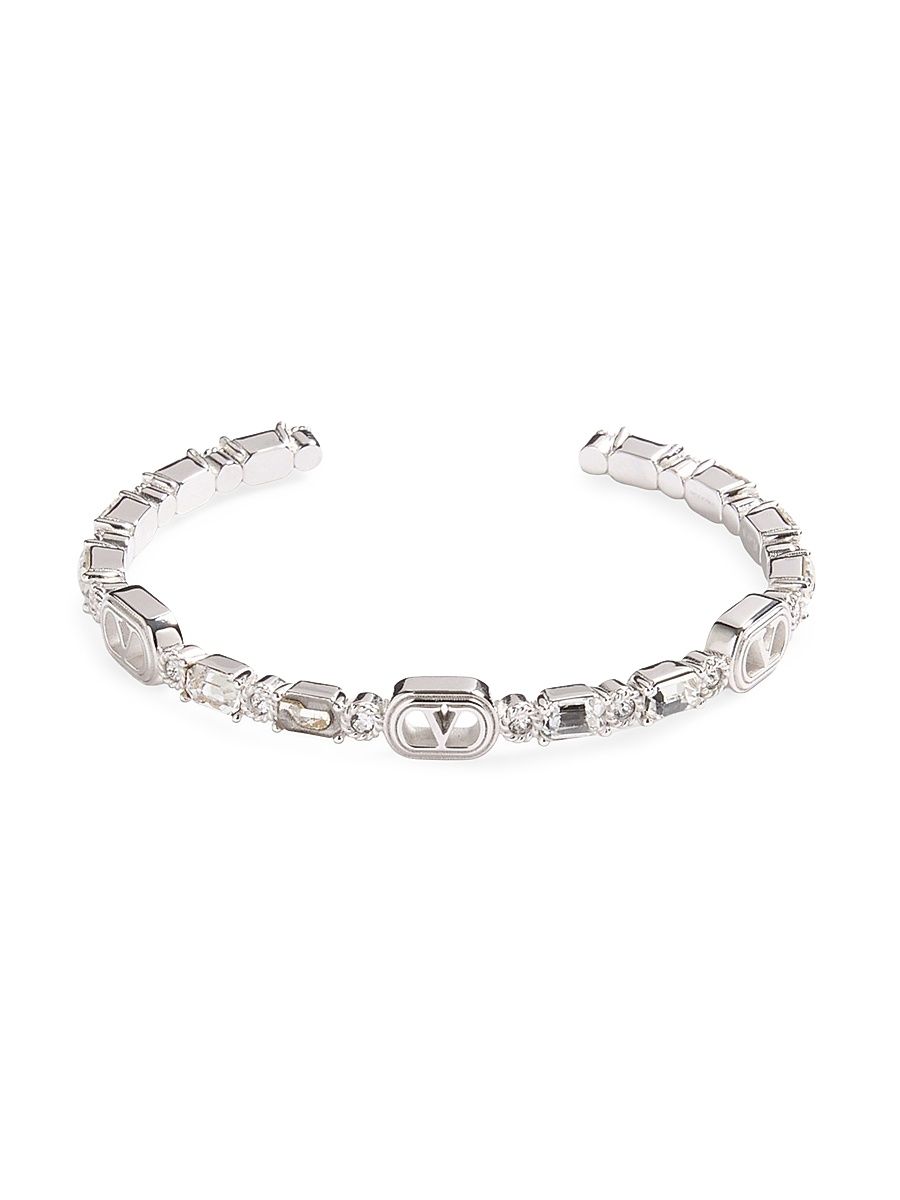 Women's Ovalette Cuff Bracelet in Metal with Swarovski Crystals - Rhodium Crystal - Size Small