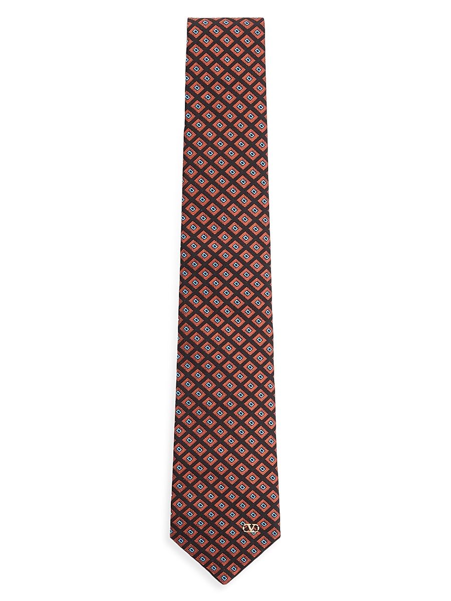 Men's Valentie Jacquard Cotton Tie with Chamber Pattern and Vlogo Signature Detail - Orange Black