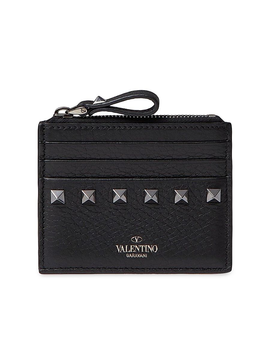 Women's Rockstud Grainy Calfskin Cardholder with Zipper - Black