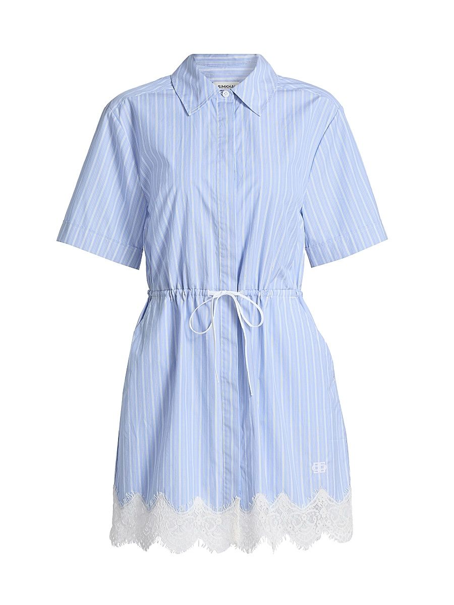 Women's Contrast Lace-Trim Poplin Mini-Shirtdress - Oxford Blue Stripe - Size 00