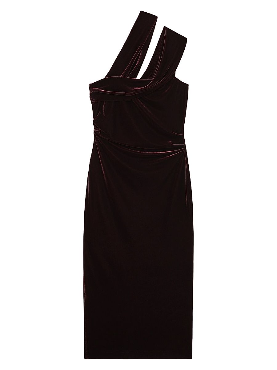 Women's Dalia Asymmetric-Neck Velvet Midi-Dress - Burgundy - Size 14