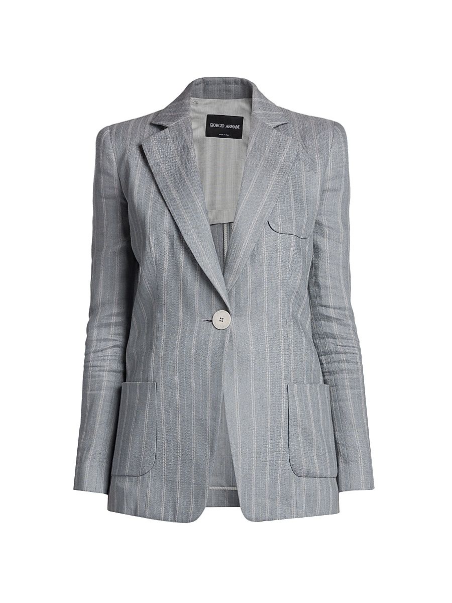 Women's Striped Linen-Blend Jacket - Grey Blue - Size 6
