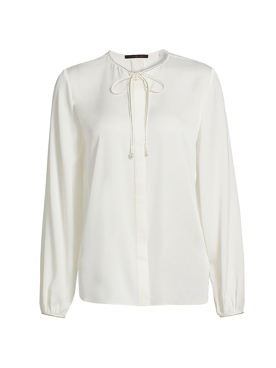 Women's Eliza Stretch Silk Tieneck Blouse - Ivory - Size XL