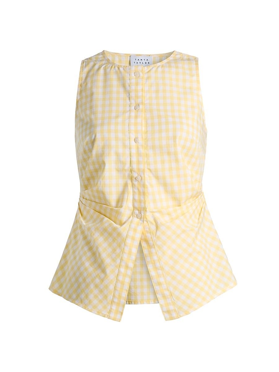 Women's Oscar Gingham Cotton Side Pleat Top - Lemon Meringue Multi - Size XL