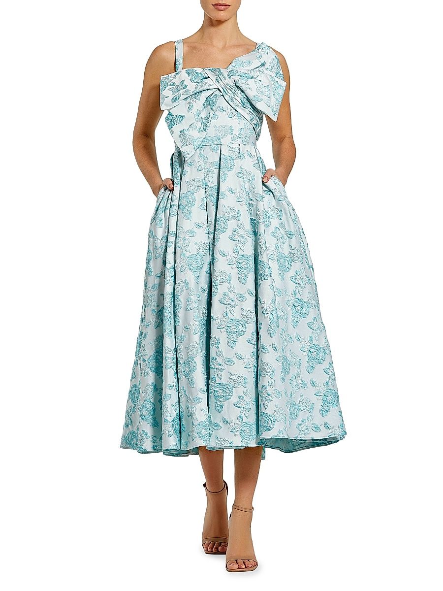 Women's Cocktail Bow Floral Brocade Fit & Flare Midi-Dress - Seafoam - Size 14