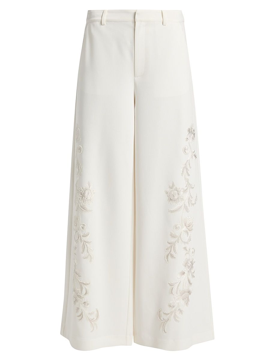 Women's Roxane Embroidered Wide-Leg Pants - Ivory Natural - Size 14