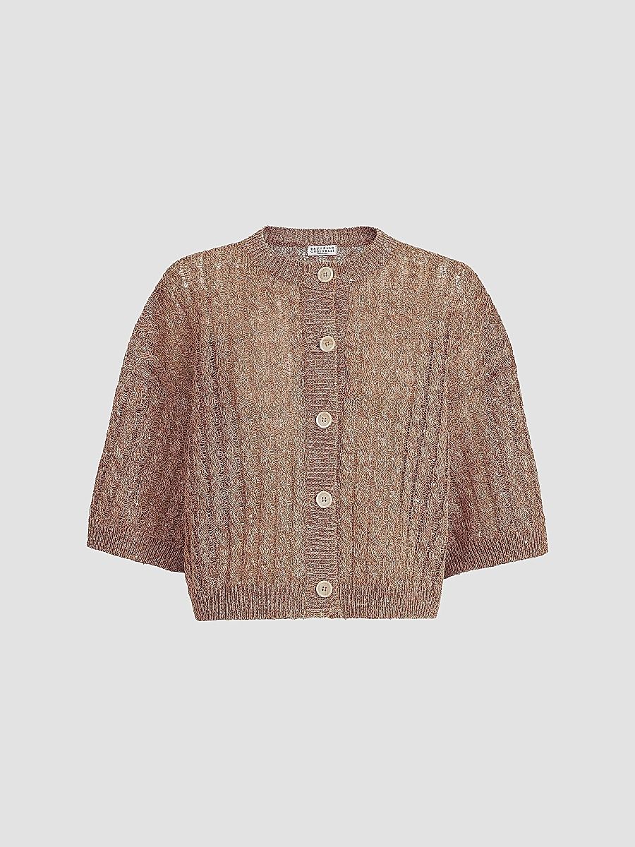 Brunello Cucinelli Women's Linen Dazzling Cable Openwork Cardigan - Brown - Size XXXL