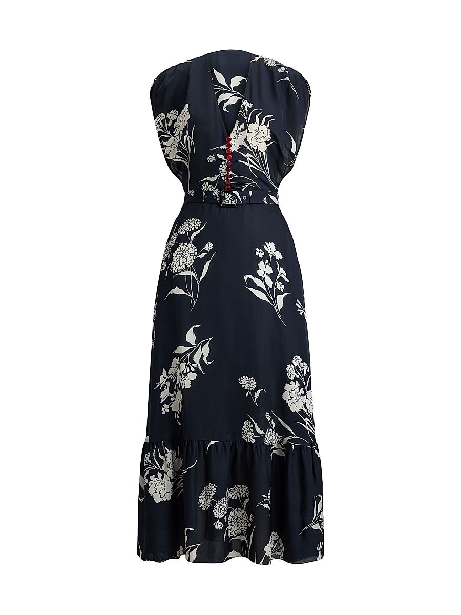 Women's Damian Floral Satin Day Midi-Dress - Black Cream - Size 10