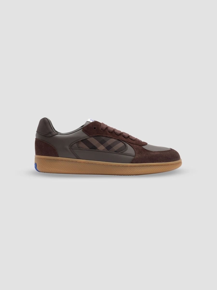 Burberry Men's Terrace Check Leather & Suede Low-Top Sneakers - Dark Brown - Size 13