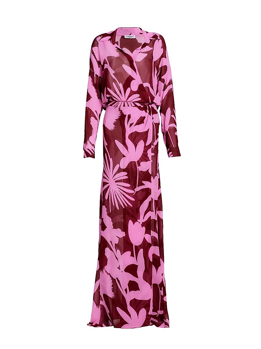 Women's Lou Floral Maxi Shirtdress - Red Wine Pink Delight - Size Large