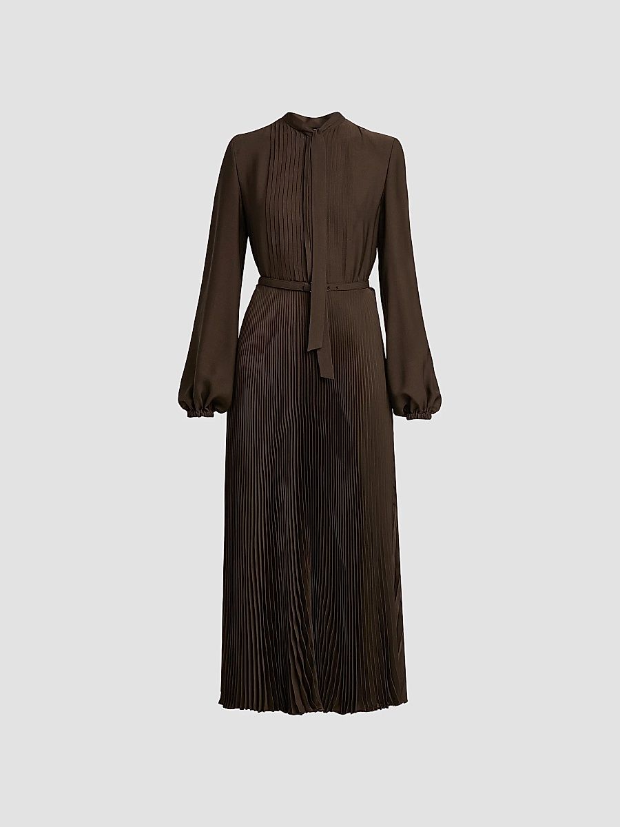 Women's Plissé Tieneck Blouson-Sleeve Midi Dress - Musk - Size 2