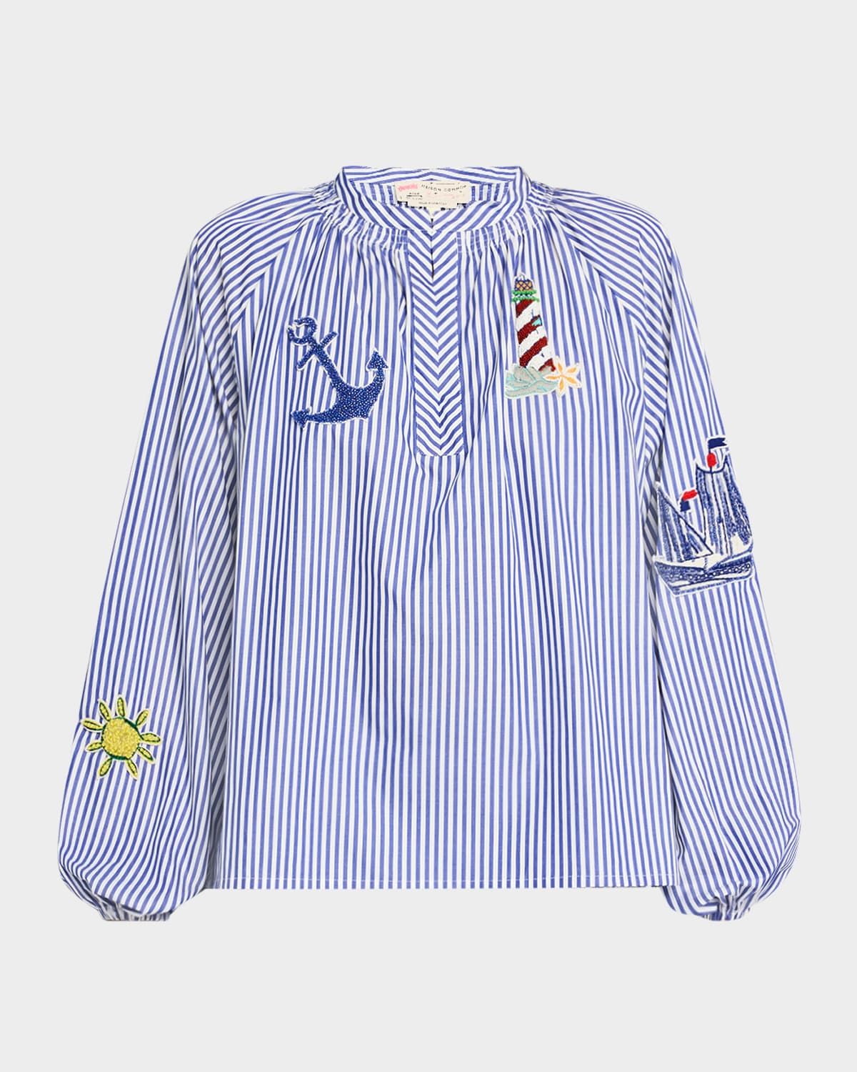 Nautical Embroidered Striped Cotton Blouse