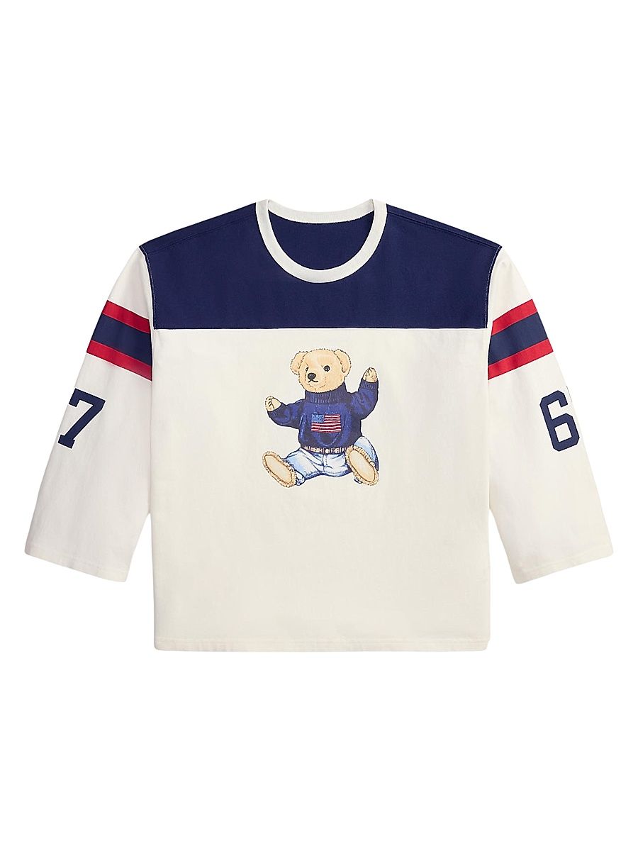 Women's Graphic Polo Bear Cotton Jersey Long-Sleeve T-Shirt - Warm White Newport Navy - Size XS